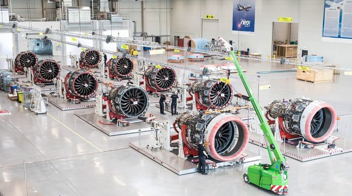 Vue d’ensemble de la ligne d’assemblage des nacelles de l’A320neo sur le moteur LEAP1A à Hambourg - © Adrien Daste / Safran