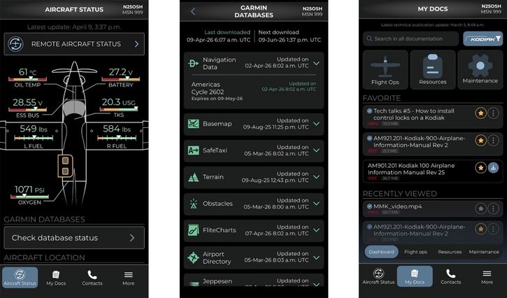 Features of Daher Aircraft’s newly-launched Me & My Kodiak application include real-time remote access to key aircraft parameters (at left), as well as updated databases and documentation (center and right).