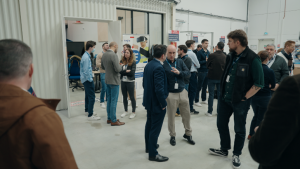 Photos from left to right: Collaborative space within Log’in by Daher; inauguration of the Log’in showroom; autonomous mobile robot demonstration. Photos: © Daher