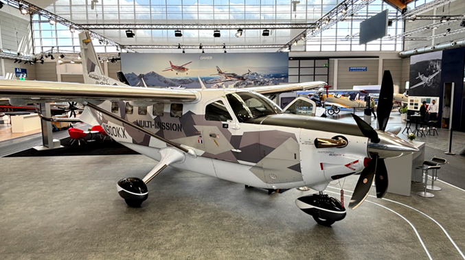 The Kodiak 900 is displayed on Daher’s AERO Friedrichshafen exhibit stand prior to its European tour.